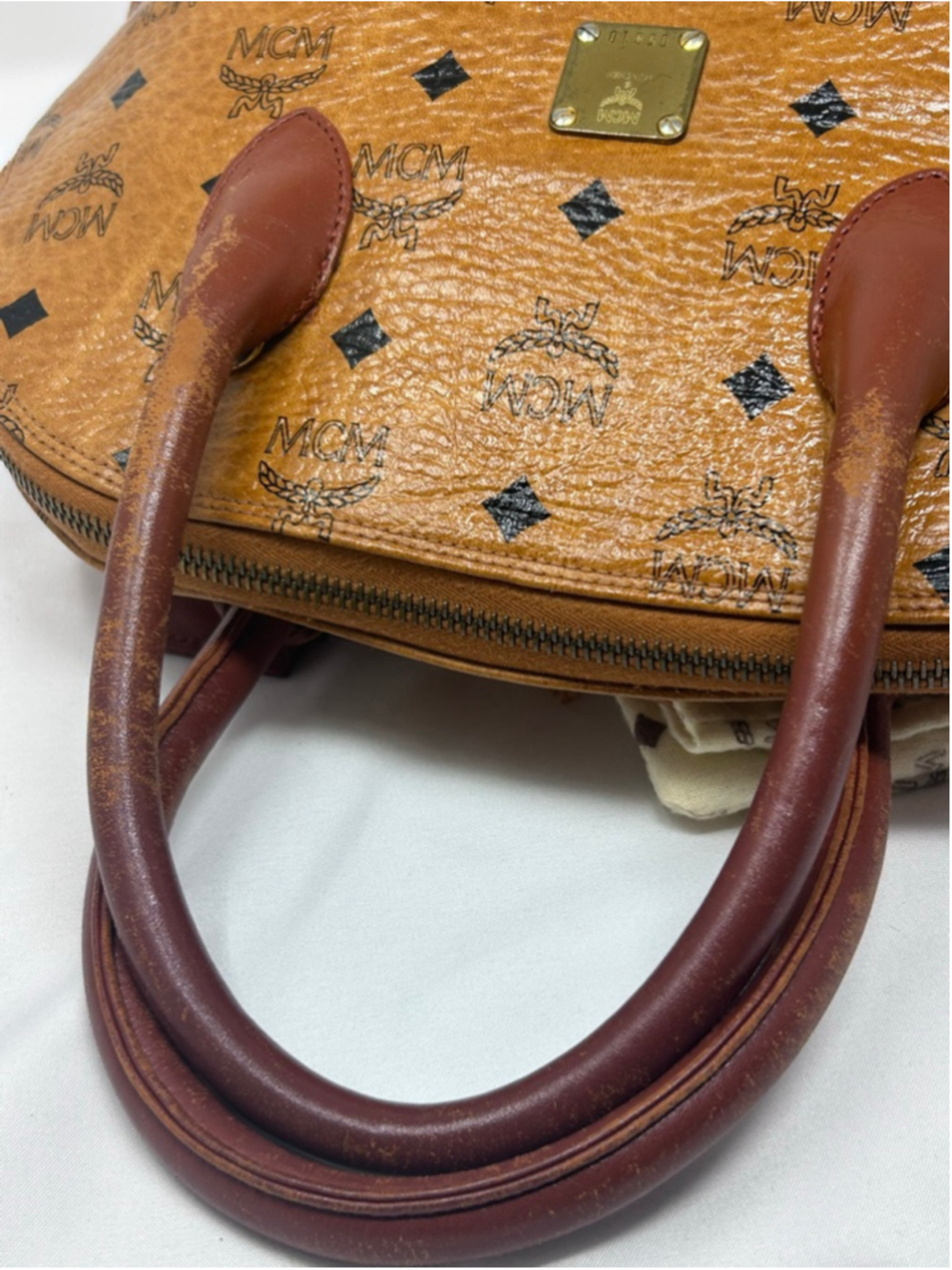 Vintage MCM Visetos Alma Satchel Cognac Monogram Leather Lock Key - Picture 11 of 16